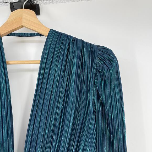 Sabina Musayev | Maxim Top Dark Ocean Metallic Pleated V-Neck Peplum Blouse L - Picture 6 of 11